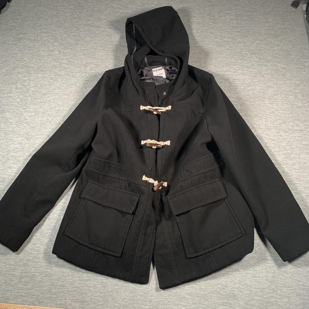 Old Navy Coat Womens XL Black Hooded Toggle Duffle Lined Pockets Winter 2012